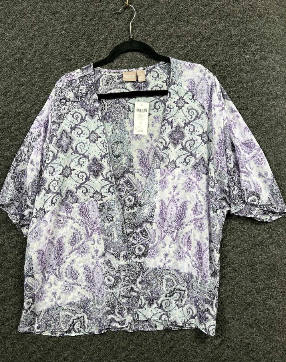 Chico's Kaftan Open Front Cardigan Kimono Sweater Women 2 (L) Purple Floral NWT